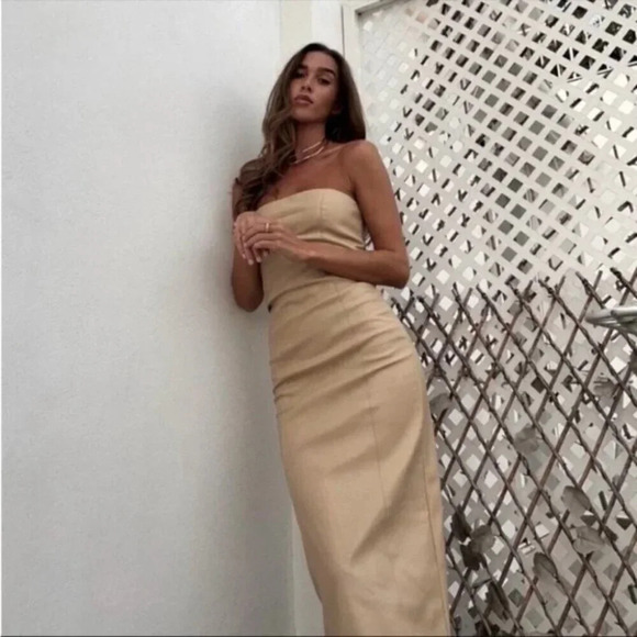 Zara Faux Leather Strapless Midi Dress Beige Blogger Fav Size Small - Picture 7 of 15